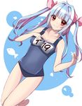  bare_legs barefoot blue_hair blush bow breasts cleavage collarbone fish hair_bow highres i-19_(kantai_collection) kantai_collection kyappi_run long_hair medium_breasts one-piece_swimsuit red_eyes school_swimsuit smile solo swimsuit twintails 