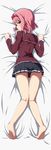  ass barefoot black_eyes blush bow dakimakura full_body hair_bow hairband legs looking_at_viewer looking_back lying on_stomach pink_hair rariemonn school_uniform short_hair skirt solo tag_force tsan_dire yuu-gi-ou yuu-gi-ou_5d's 