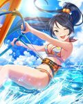  ;d artist_request bikini black_hair blush breasts cleavage cloud day idolmaster idolmaster_cinderella_girls lens_flare light_rays looking_at_viewer medium_breasts official_art one_eye_closed open_mouth ponytail sky smile solo sugisaka_umi sun sunbeam sunlight swimsuit 