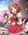  artist_request blue_eyes cherry_blossoms closed_eyes cymbals idolmaster idolmaster_million_live! instrument jpeg_artifacts multiple_girls nakatani_iku official_art satake_minako suou_momoko 