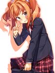  bag blush green_eyes highres idolmaster idolmaster_(classic) orange_hair plaid plaid_skirt pleated_skirt racer_(magnet) school_bag school_uniform skirt smile solo takatsuki_yayoi twintails v zoom_layer 