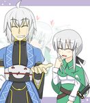  1boy 1girl adapted_costume ahoge alternate_hair_length alternate_hairstyle belt blush capelet closed_eyes commentary dual_persona father_and_daughter ghost glasses heart if_they_mated konpaku_youmu konpaku_youmu_(ghost) long_hair long_sleeves morichika_rinnosuke open_hand open_mouth ponytail sag_(karehabase) short_hair silver_hair skirt smile sword touhou weapon white_hair yellow_eyes 