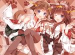  :d ;d ahoge animal_ears bare_shoulders brown_hair cat_ears detached_sleeves dog_ears dog_tail fang frilled_skirt frills hairband hiei_(kantai_collection) japanese_clothes kantai_collection kemonomimi_mode kongou_(kantai_collection) long_hair mogu_(au1127) multiple_girls no_legwear one_eye_closed open_mouth paw_pose paw_print ribbon-trimmed_sleeves ribbon_trim short_hair skirt smile tail thighhighs 