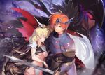  1boy 1girl armor blonde_hair blue_eyes breasts cape circlet closed eyes fur_trim gauntlets gem glowing glowing_eye helmet langrisser leg_hug leotard long_hair looking_at_viewer navel orange_hair purple_background purple_hair red_eyes riana_(langrisser) ritsuki serious short_sleeves smile sword teeth torn_clothes torn_leotard underboob weapon 