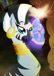  blue_eyes equine fairy female friendship_is_magic gold hut inside mammal my_little_pony neck_rings piercing pixie rariedash solo sparkles stripes window wings zebra zecora_(mlp) 