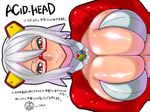  breasts cleavage deep_skin huge_breasts looking_at_viewer murata original red_eyes short_hair silver_hair simple_background smile solo white_background 
