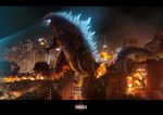  cityscape claws f-22_raptor fire glowing godzilla godzilla_(series) highres kaijuu monster night no_humans solo zhen_lu 