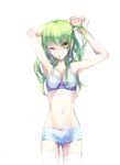  armpits bad_id bad_pixiv_id bra c.c. code_geass green_hair lingerie long_hair panties polka_dot polka_dot_bra polka_dot_panties shima_(h8222-9902m) solo underwear underwear_only yellow_eyes 