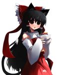  animal_ears black_hair blush brown_eyes cat_ears eating food hakurei_reimu japanese_clothes kemonomimi_mode long_hair ribbon shin_(new) solo touhou 