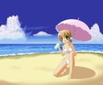  bad_id bad_pixiv_id barefoot beach bikini blonde_hair blue_eyes copyright_request day highres hu_sea one_knee outdoors parasol short_hair solo swimsuit umbrella white_bikini 