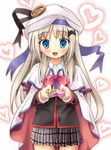  blonde_hair blue_eyes bow box cape chocolate fang hat heart heart-shaped_box homing_(areya) little_busters! long_hair noumi_kudryavka pink_bow plaid plaid_skirt school_uniform skirt solo valentine 