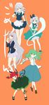  animal_ears bad_id bad_pixiv_id blue_eyes braid brown_eyes bunny_ears bunny_tail cat_ears cat_tail clock finger_gun green_hair hairband highres hitodama izayoi_sakuya kaenbyou_rin katana kochiya_sanae konpaku_youmu konpaku_youmu_(ghost) long_hair machiko_(beard) maid multiple_girls multiple_tails nail_polish one_eye_closed purple_hair red_eyes red_hair red_nails reisen_udongein_inaba ribbon short_hair silver_hair skirt stage_connection sword tail touhou twin_braids twintails very_long_hair weapon 