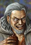  alcohol beard facial_hair glasses male_focus matataku one_piece realistic scar scar_across_eye silver_hair silvers_rayleigh solo 