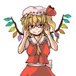  adjusting_eyewear ameimo ascot bangs bespectacled blonde_hair bow crystal flandre_scarlet glasses hat hat_bow looking_at_viewer lowres simple_background skirt skirt_set smile solo touhou white_background wings 
