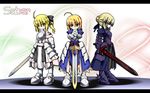  armor armored_dress artoria_pendragon_(all) caliburn chibi dark_excalibur dress excalibur fate/stay_night fate/unlimited_codes fate_(series) highres multiple_girls multiple_persona saber saber_alter saber_lily sword wallpaper weapon yuuka_(o.t.kingdom) 