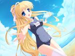  air beach blonde_hair day highres kamio_misuzu long_hair natsumiya_yuzu one-piece_swimsuit school_swimsuit solo swimsuit thighhighs very_long_hair white_legwear zettai_ryouiki 