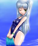  bracelet cinque_(nanoha) gao_(naodayo) green_eyes grin jewelry long_hair lyrical_nanoha mahou_shoujo_lyrical_nanoha_strikers numbers_(nanoha) one-piece_swimsuit one_eye_closed silver_hair smile solo swimsuit water wet 
