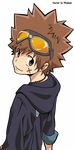  1boy brown_eyes brown_hair cute goggles jewelry katekyo_hitman_reborn katekyo_hitman_reborn! male male_focus modemi necklace over_shoulder sawada_tsunayoshi simple_background solo white_background 