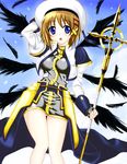  bad_id bad_pixiv_id black_wings blue_eyes blush brown_hair dansa feathers hair_ornament hand_behind_head lyrical_nanoha mahou_shoujo_lyrical_nanoha_strikers multiple_wings schwertkreuz short_hair solo staff wings x_hair_ornament yagami_hayate 