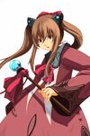 bad_id bad_pixiv_id bow bowtie brown_hair cowboy_shot dress holding holding_wand kuro_(1968) long_hair long_sleeves looking_at_viewer lymle_lemuri_phi orb red_bow red_dress red_neckwear sidelocks simple_background solo star_ocean star_ocean_the_last_hope very_long_hair wand white_background 