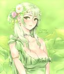  breasts cleavage flower green green_hair hair_flower hair_ornament large_breasts leaf original sinny solo 
