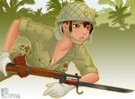  arisaka bayonet bolt_action breasts brown_eyes brown_hair cleavage copyright_request gloves gun helmet imperial_japanese_army japan jungle large_breasts military military_uniform nature open_mouth rifle short_hair sino_(mechanized_gallery) sleeves_rolled_up solo star tomboy type_99_short_rifle unbuttoned uniform weapon world_war_ii 