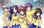  antenna_hair blue_skirt brown_hair cherry_blossoms clannad emblem fujibayashi_kyou furukawa_nagisa hikarizaka_private_high_school_uniform ibuki_fuuko ichinose_kotomi long_sleeves looking_at_viewer looking_back multiple_girls purple_hair sailor_collar sakagami_tomoyo school_uniform serafuku silver_hair skirt spring_(season) tara_(tara_12345) upper_body 