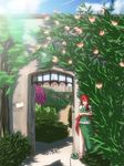  against_wall braid flower garden gate hat hat_removed headwear_removed highres hong_meiling long_hair red_hair saliva scarlet_devil_mansion scenery sleeping sleeping_upright solo standing tama_(speedgrapher) touhou 