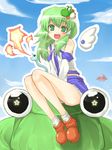  green_eyes green_hair kirby kirby_(series) kochiya_sanae kuku_px mario_(series) oversized_object pyonta sitting sitting_on_object snake super_mario_bros. touhou ufo yoshi 