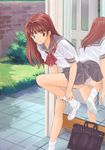  brown_eyes brown_hair long_hair panties school_uniform schoolgirl skirt smile tayama_mamito underwear upskirt 