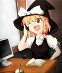  bad_id bad_pixiv_id beegle blonde_hair braid computer corded_phone hat kirisame_marisa microphone one_eye_closed phone radio_booth solo touhou 