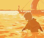  artist_request boat male_focus ocean sail solo sunset thorfinn viking vinland_saga wading water watercraft white_hair 