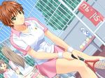  ball breasts brown_eyes brown_hair dutch_angle game_cg hatano_sachie knees_together_feet_apart long_hair medium_breasts medium_hair multiple_girls open_mouth outdoors pink_skirt racket shirt short_hair skirt skyhouse solo_focus sportswear stage_(eroge) standing tennis_ball tennis_racket tennis_uniform towel white_shirt wristband 