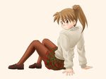  brown_eyes brown_hair lielos original pantyhose poniko_(lielos) ponytail school_uniform sitting solo sweater 