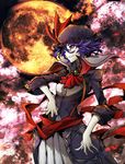  alternate_costume arikanrobo ascot brooch cowboy_shot dress emerald evil_smile gem hat_feather highres jewelry long_sleeves moon parted_lips purple_dress purple_hair red_eyes remilia_scarlet smile solo standing touhou 