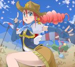  american_flag bad_id bad_pixiv_id blue_eyes blush brooch brown_skirt cactus cowboy_hat day dongol drill_hair earrings fingerless_gloves freckles fringe_trim gloves happinesscharge_precure! hat jewelry long_hair magical_girl precure red_hair red_haired_cure_(bomber_girls_precure)_(happinesscharge_precure!) saiark scarf skirt sky western 