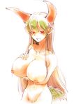  blush breast_hold breasts collarbone dripping drooling ex-keine green_hair horns kamishirasawa_keine lactation large_breasts long_hair looking_at_viewer nipples nude pubic_hair puffy_nipples red_eyes sayakata_katsumi sidelocks solo sweatdrop tail teeth touhou very_long_hair white_background 