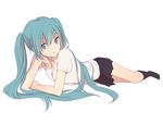  aqua_eyes aqua_hair black_legwear full_body hatsune_miku kneehighs long_hair lying pleated_skirt school_uniform shirt short_sleeves simple_background skirt solo teti very_long_hair vocaloid white_background wing_collar 