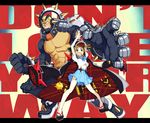  1girl abs armor arms_up banchou gamagoori_ira geta hat jacket_on_shoulders kill_la_kill mankanshoku_mako muscle pectorals school_uniform scourge_regalia serafuku shiba_wangoro skirt weapon 