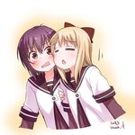  blonde_hair blush brown_eyes cheek-to-cheek dress funami_yui long_hair multiple_girls nanamori_school_uniform open_mouth sailor_dress school_uniform serafuku short_hair smile toshinou_kyouko umekichi yuru_yuri 