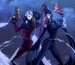  2girls bayonetta bayonetta:_bloody_fate bayonetta_(character) black_hair glasses gun handgun highres jeanne_(bayonetta) multiple_girls night pistol piston standing stitched weapon white_hair 