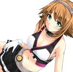  bare_shoulders belt blush breasts brown_hair cleavage gloves green_eyes hair_ornament hairband kantai_collection kirisaki_byakko large_breasts looking_at_viewer mutsu_(kantai_collection) navel short_hair skirt smile solo white_background white_gloves 