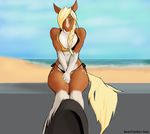  beach blonde_hair bra braids equine female green_eyes hair hooves horse looking_at_viewer mammal sea seaside shintori smile solo thong underwear water 