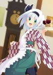  alcohol alternate_costume apron bashamichi black_hairband blurry blush clock cup depth_of_field drinking_glass grandfather_clock green_eyes hairband japanese_clothes konpaku_youmu long_sleeves looking_at_viewer nigo_(aozoragarou) short_hair silver_hair smile solo touhou tray wine wine_glass yagasuri 