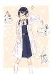  adjusting_eyewear bird black_hair blue_eyes dera_mochimazzui glasses kitashirakawa_tamako labcoat light_bulb long_hair low_twintails momose_(oqo) one_eye_closed robot tamako_market twintails 