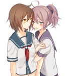  ahoge aoba_(kantai_collection) aqua_eyes arm_hug blue_scrunchie brown_hair furutaka_(kantai_collection) kantai_collection long_hair multiple_girls navel neckerchief pink_hair ponytail school_uniform scrunchie serafuku upper_body yellow_eyes yue_teitoku yuri 