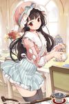  artist_name black_hair blush brown_eyes brown_hair chair comet_(teamon) company_name cup flower food frills hat indoors long_hair macaron maid mandrake_girls_2 mob_cap official_art parted_lips plate skirt smile solo striped striped_skirt table teacup teapot thighhighs vase vertical-striped_skirt vertical_stripes window zettai_ryouiki 