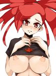  asuna_(pokemon) bad_id bad_pixiv_id blush breast_squeeze breasts gym_leader karaza_(kurobutimegane) large_breasts long_hair nipples no_bra perky_breasts pokemon pokemon_(game) pokemon_rse red_eyes red_hair shirt shirt_lift solo t-shirt 