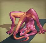  anthro anus arched_back back barefoot blue_eyes breasts butt claws cloaca contortion cute detailed dragon female flexible hairless holding horn kajari looking_at_viewer lying nude on_front pink_skin pinup plain_background playful pose pussy seductive small_breasts smile solo spread_legs spreading tail_grab tail_pull two_tone_skin upside_down yellow_skin yoga 