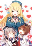  atago_(kantai_collection) beret black_gloves blonde_hair blush breast_press breasts brown_hair closed_eyes folded_ponytail fur_trim gloves hairband hat heart inazuma_(kantai_collection) kantai_collection large_breasts long_hair long_sleeves multiple_girls necktie one_eye_closed petting school_uniform serafuku shimakaze_(kantai_collection) short_hair silver_hair sleeveless translation_request twitter_username yadapot yellow_eyes 